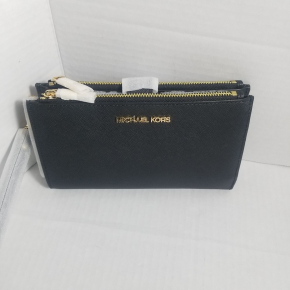 NWT MICHAEL KORS JET SET TRAVEL DOUBLE ZIP LEATHER WRISTLET - Picture 1 of 16
